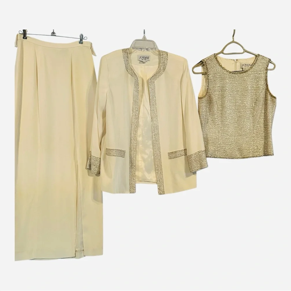 Jovani 100% Silk Beaded 3-Piece Evening Skirt Suit Light Cream Size 8